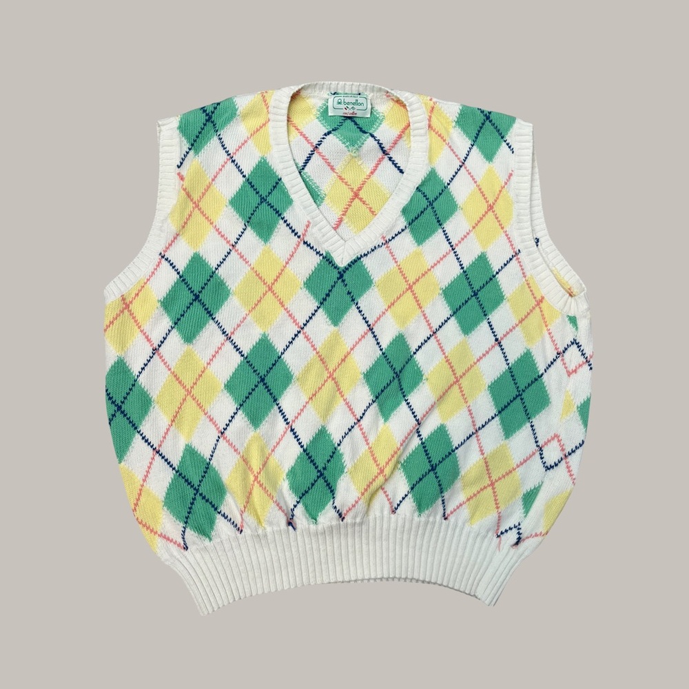 Vintage Benetton Green and Yellow Diamond Patterned Sweater Vest Men's L